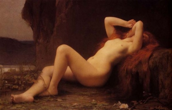 Jules Joseph Lefebvre's Mary Magdalene in the Cave (1876) certainly prompts the question of what she was doing in that cave. Lefebvre specialized in nudes.